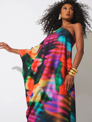 Natori: Floral Mirage Rayon One-Shoulder Kaftan (V70021-BKM)