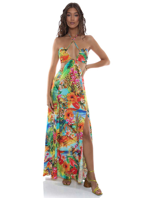 Luli Fama: Bandeau Cut Out Front Slit Dress (L778E92-111
