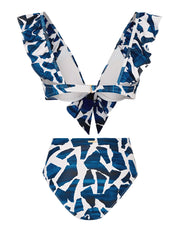 Milly: Ocean Puzzle Ruffle-Ocean Puzzle Tie Bikini (35VX31-NVY-35VY02-NVY)