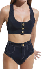Oye Swimwear: Lavinia With Gold Buttons Bikini (LAVINIAWGOLDBT-BLK-LAVINIAWGOLDBB-BLK)