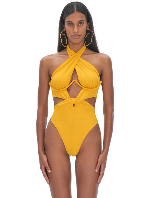 Andrea Iyamah 水着 ワンピース スイムウエア アシンメトリー Andrea Iyamah Nayo Knotted Cutout Swimsuit | OLIVELA