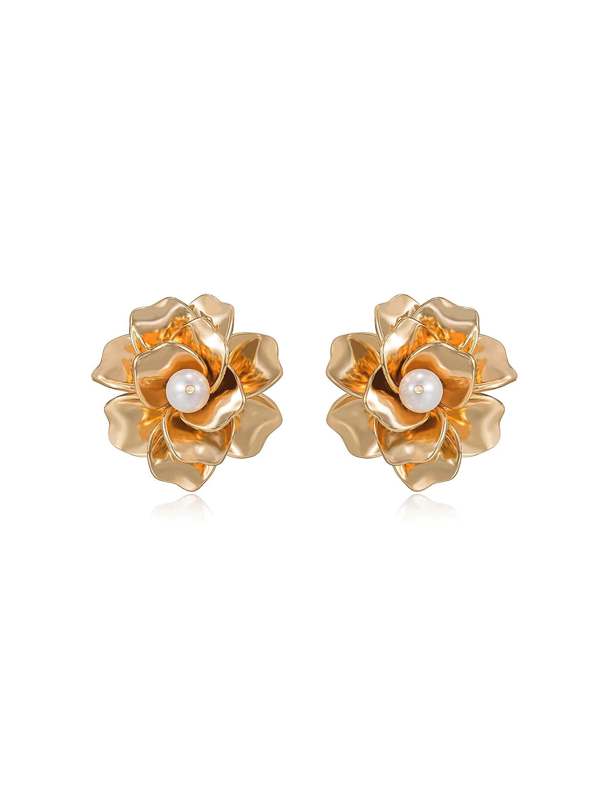 Ettika: Golden Petals and Pearl 18k Gold Plated Stud Earrings