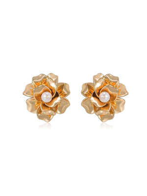 Ettika: Golden Petals and Pearl 18k Gold Plated Stud Earrings (E4354.PRL.G)