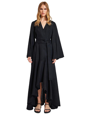 Lilamie Monte Carlo Loose Fit V Neck Long Dress in Black (L24-MONDR-BLK-OS)