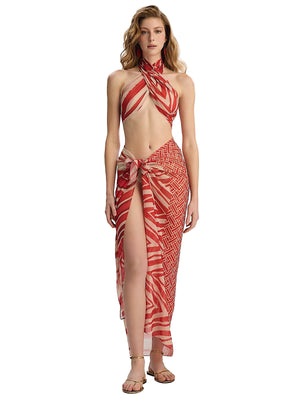 Lilamie Aruba Crossed Wrap Style Bustier-Aruba Chiffon Side Tie Pareo Skirt in Red/Multicolor (L25-ARUCT-RED-OS-L25-ARUSK-RED-OS)
