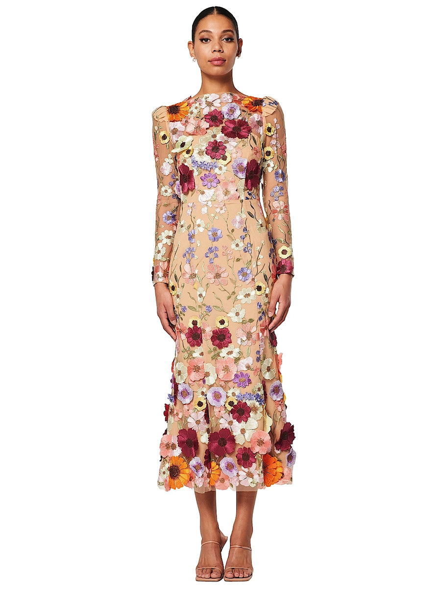 Shannon 3D Floral Midi Dress In Pink M / Pink