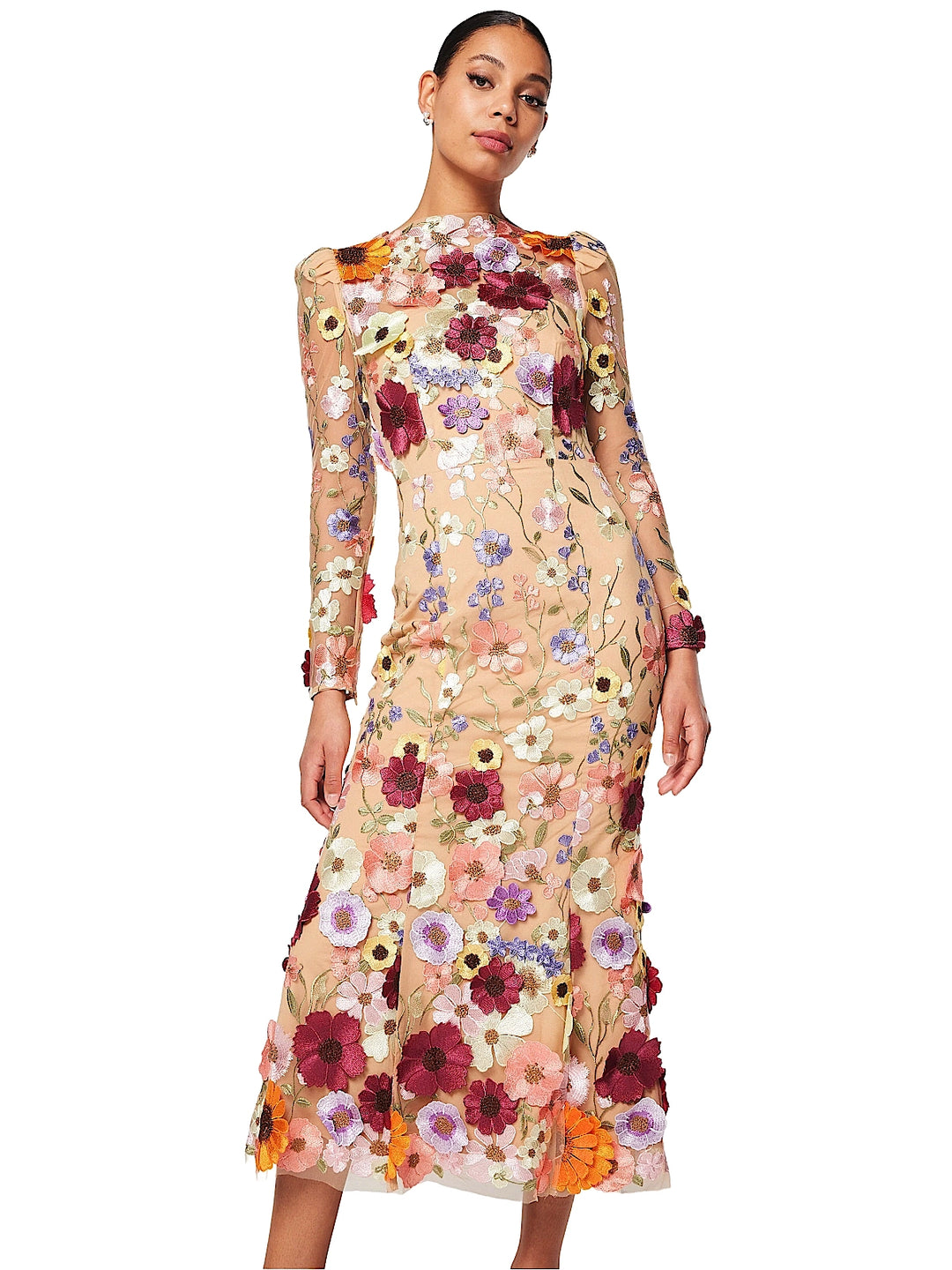 Shannon 3d Floral Midi Dress In Pink S / Pink