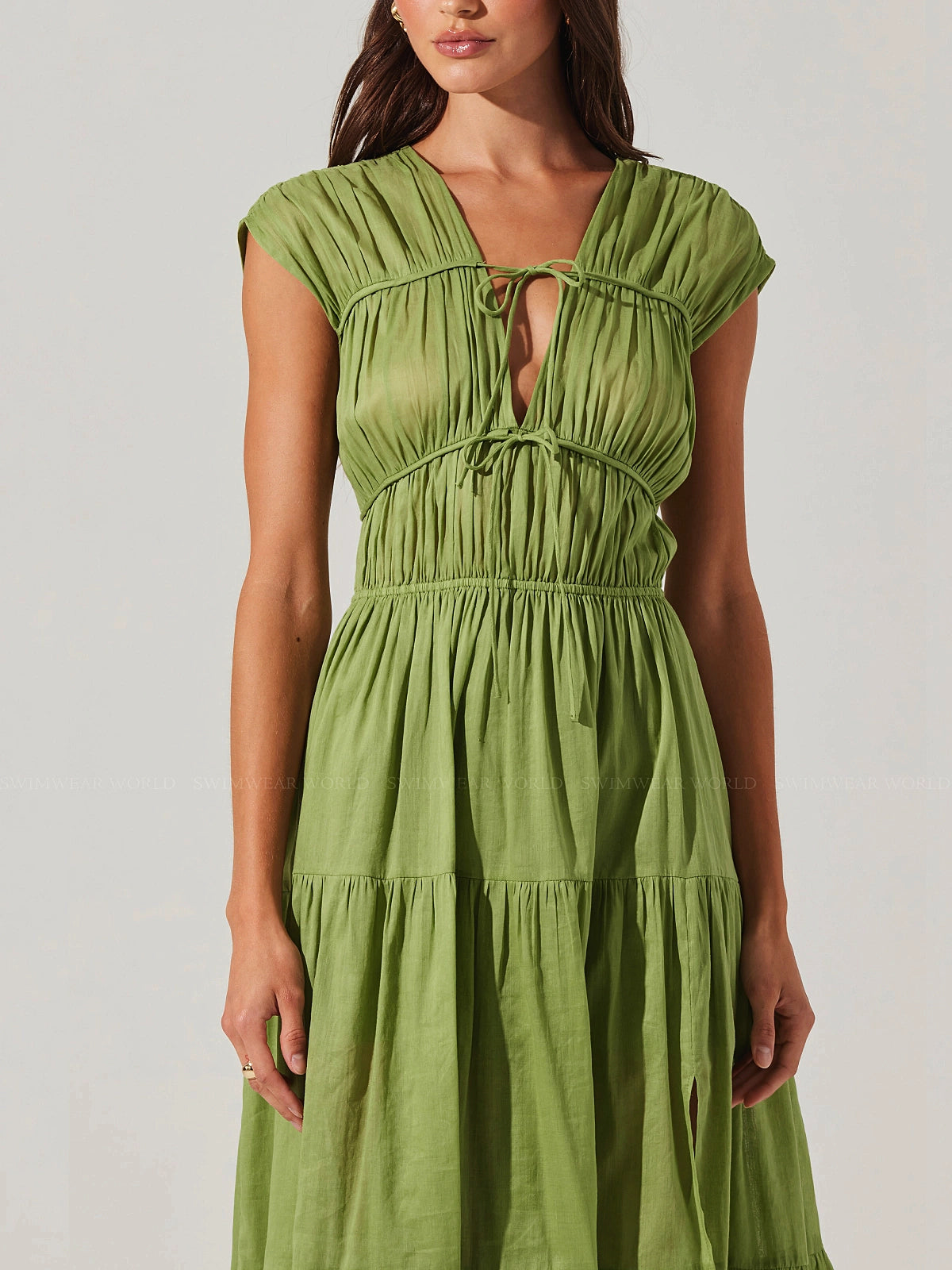 ASTR the Label | Alexandria Shirred Tiered Midi Dress in Matcha