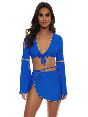 Luli Fama: Bell Sleeve Crop-Tie Side Wrap Skirt (L010877-340-L010J79-340)