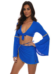 Luli Fama: Bell Sleeve Crop-Tie Side Wrap Skirt (L010877-340-L010J79-340)