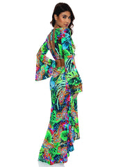 Luli Fama: Belle Sleeve Crop-Ruffled High Lo Slit Skirt (L764877-111-L764676-111)