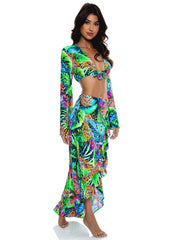 Luli Fama: Belle Sleeve Crop-Ruffled High Lo Slit Skirt (L764877-111-L764676-111)