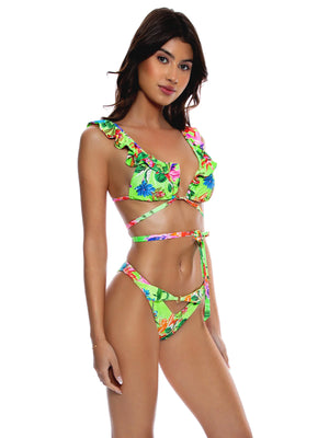 Luli Fama: Ruffle Deep V Wrap Triangle-Reversible High Leg Peek A Boo Ring Bikini (L769E07-111-L769J48-111)