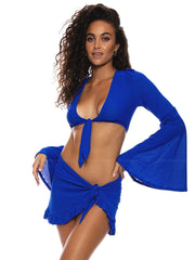 Luli Fama: Bell Sleeve Crop-Ruffle Sarong Mini Skirt (L177877-340-L177J59-340)