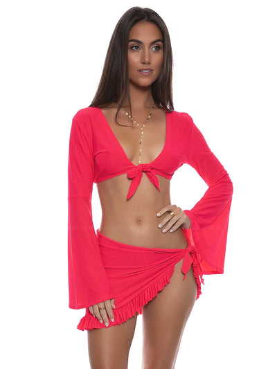 Luli Fama: Bell Sleeve Crop-Ruffle Sarong Mini Skirt (L177877-361-L177J59-361)