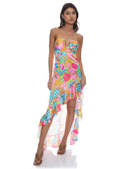 Luli Fama: Drawstring Halter Asymmetrical Ruffle Dress (L809E85-111)