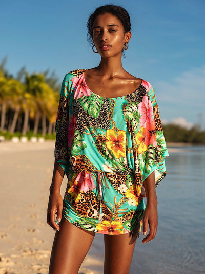 south beach dress South Beach abstract print mesh maxi beach dress with cutout detail in green multi