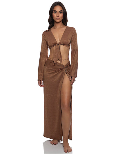 Luli Fama: Belle Sleeve Crop-Twist Front Skirt (L177877-007-L177I62-007)
