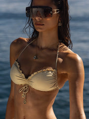 Luli Fama: Molded Push Up Bandeau Halter-Strappy Ruched Back Bikini (L176435-316-L17620-316)
