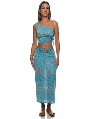 Luli Fama: One Shoulder Crop-Adjustable Shirred Maxi Skirt (L846B98-11B-L846B99-11B)