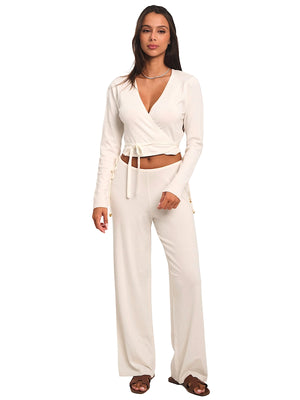 Seashell: Knit Long Sleeve Wrap-Knit Pants (WT10063_SS-WHITE-WT10064_SS-WHITE)