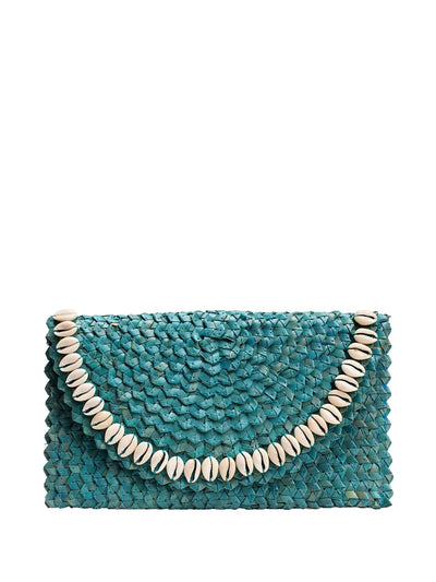 Jelavu: Pandegelang Raffia Seashell Clutch (JELB-PANDEGEL-TURQ)