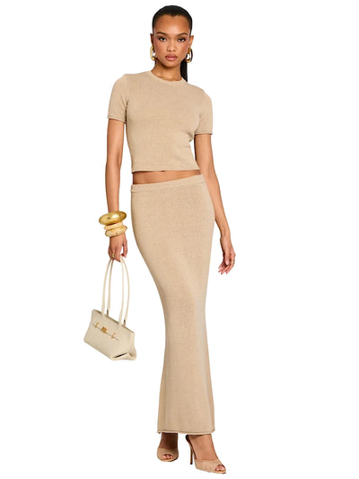 SER.O.YA: Clare Knit Baby Tee-Kora Knit Maxi Skirt (S-SS25-4859-12-STONE-S-SS25-3839-16-STONE)