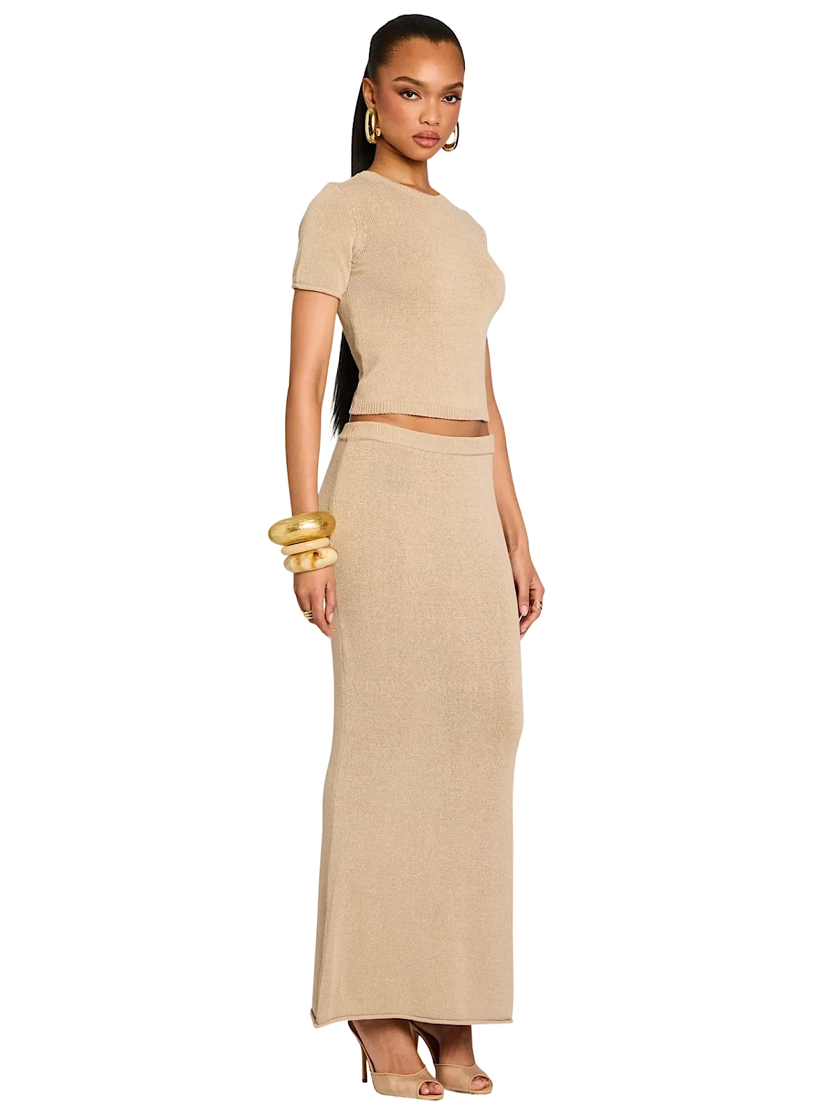 SER.O.YA: Clare Knit Baby Tee-Kora Knit Maxi Skirt (S-SS25-4859-12-STONE-S-SS25-3839-16-STONE)