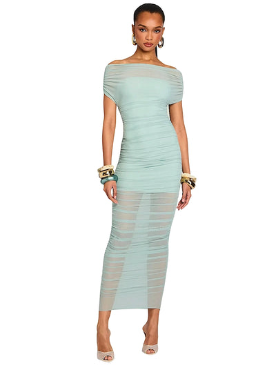 ser o ya noel off shoulder midi dress SEROYA Noel Off Shoulder Mesh Midi Dress in Sage