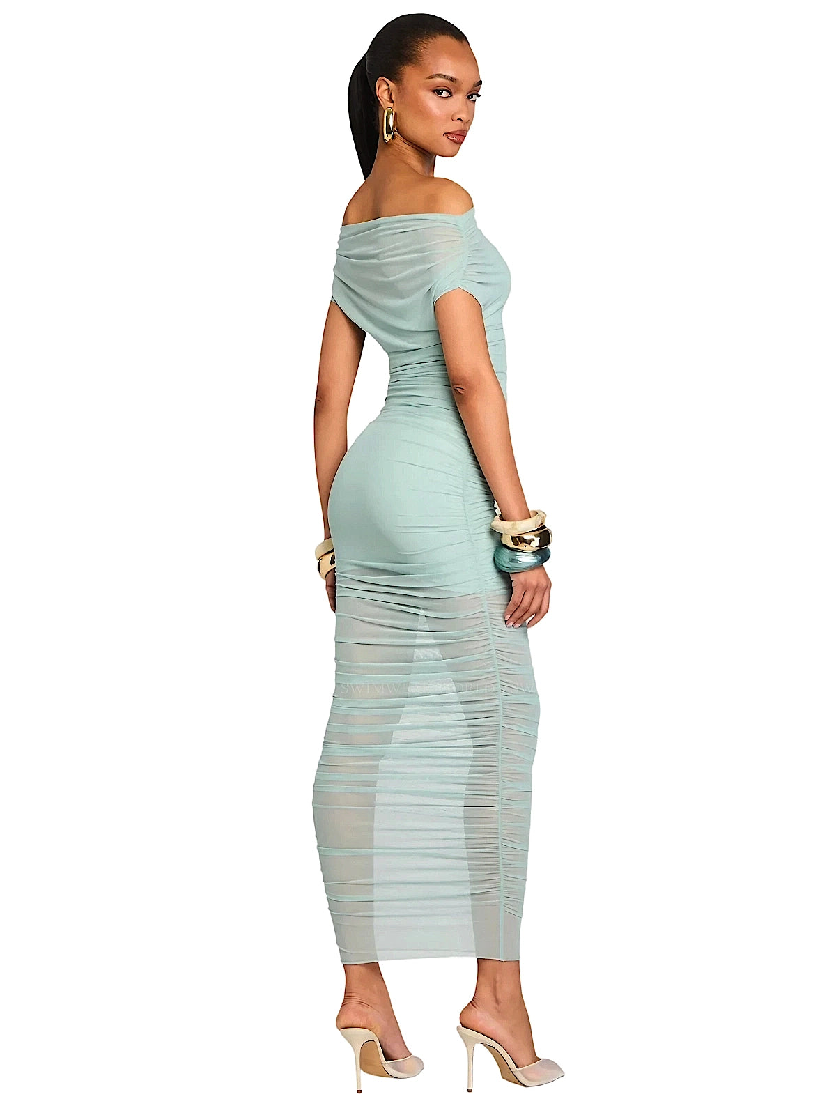 SER.O.YA: Noel Off-Shoulder Mesh Midi Dress (S-SS25-4270-17-FROSE)