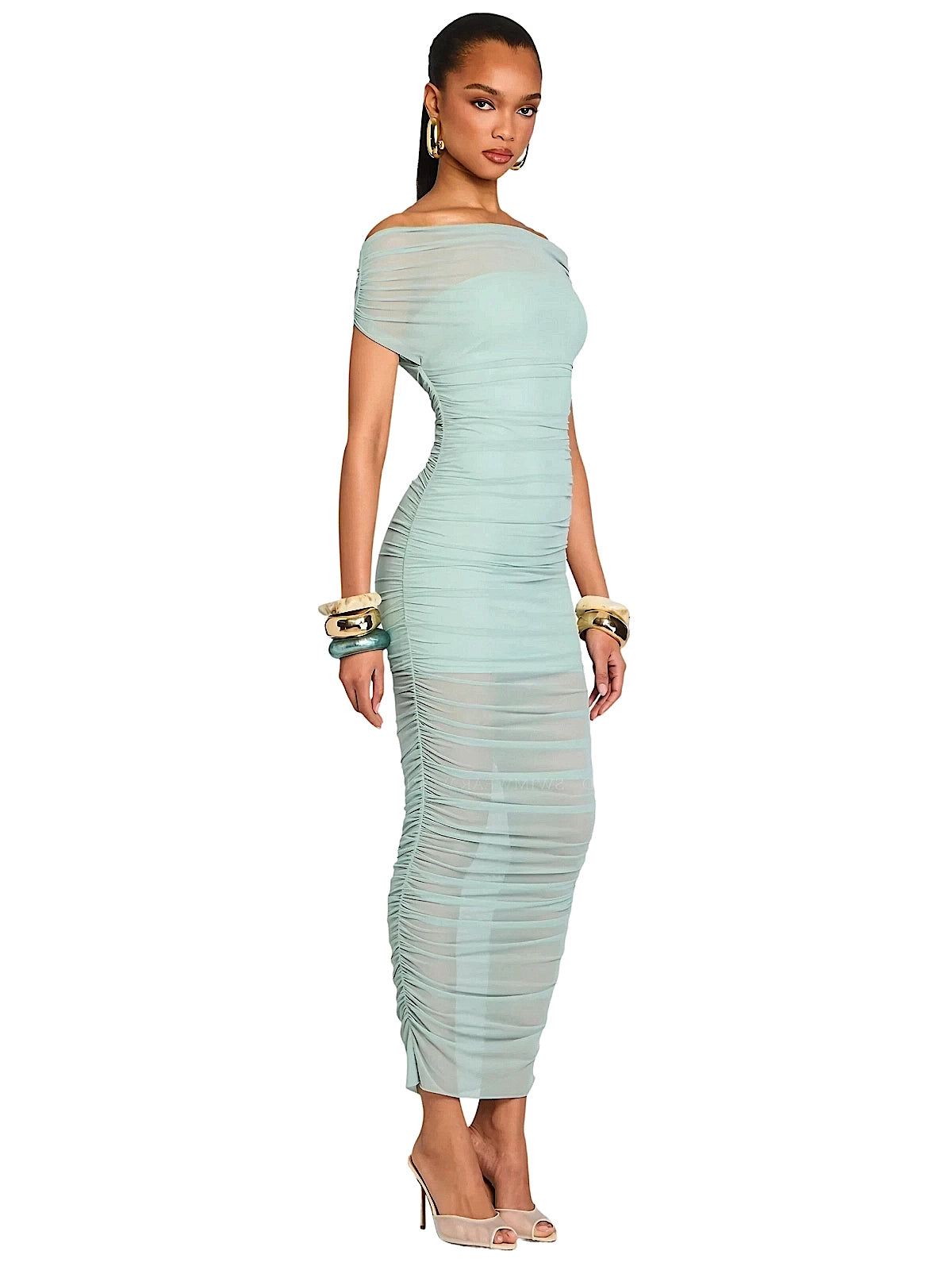 SER.O.YA: Noel Off-Shoulder Mesh Midi Dress (S-SS25-4270-17-FROSE)