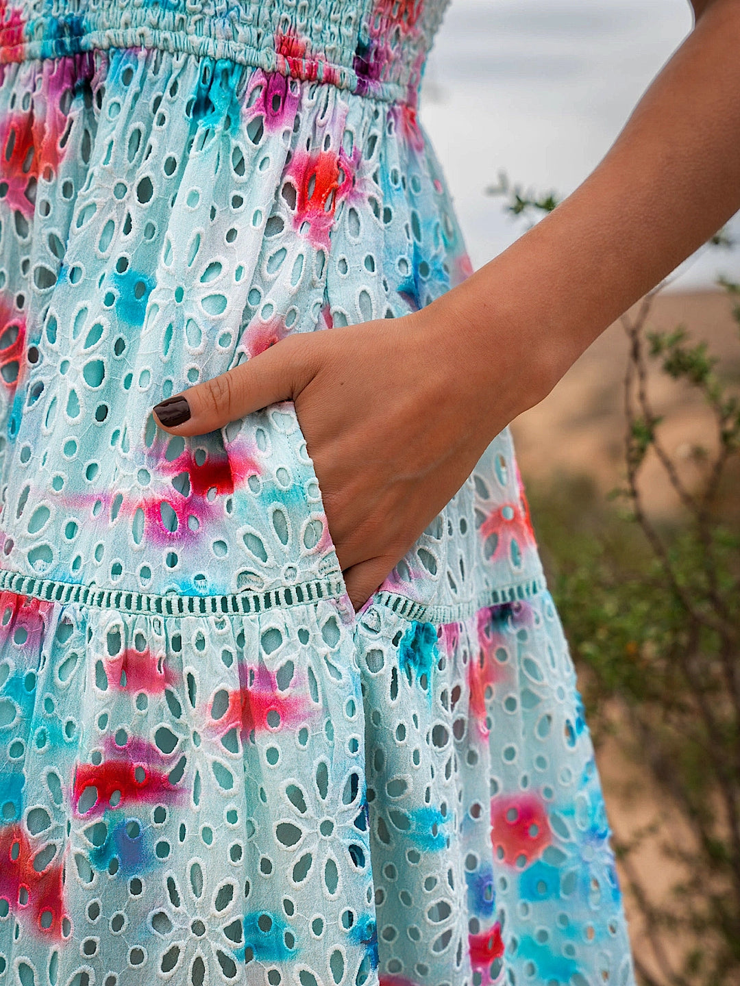 Change of Scenery Cielo Print Eyelet Midi Dress