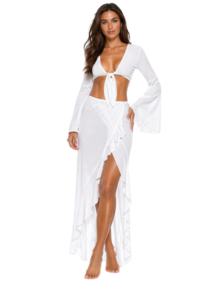 Bell Sleeve Crop-Ruffle High Lo Slit Skirt