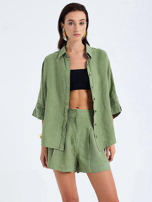 Monlicia Iyan Oversize Shirt-Reve Relaxed Fit High Waist Short in Green (MSS25-ST-IYA-300-MSS25-SH-REV-300)