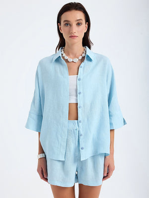Monlicia Iyan Oversize Shirt-Reve Relaxed Fit High Waist Short in Blue (MSS25-ST-IYA-400-MSS25-SH-REV-400)