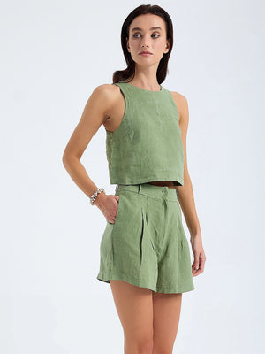 Monlicia Lena Sleeveless Crop-Reve Relaxed Fit High Waist Short in Green (MSS25-CR-LEN-300-MSS25-SH-REV-300)