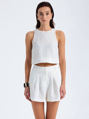 Monlicia Lena Sleeveless Crop-Reve Relaxed Fit High Waist Short in White (MSS25-CR-LEN-001-MSS25-SH-REV-001)