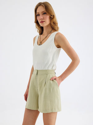 Monlicia Velina Single-Pleat Mini Shorts in Sage Green (MSS26-SH-VEL-250)