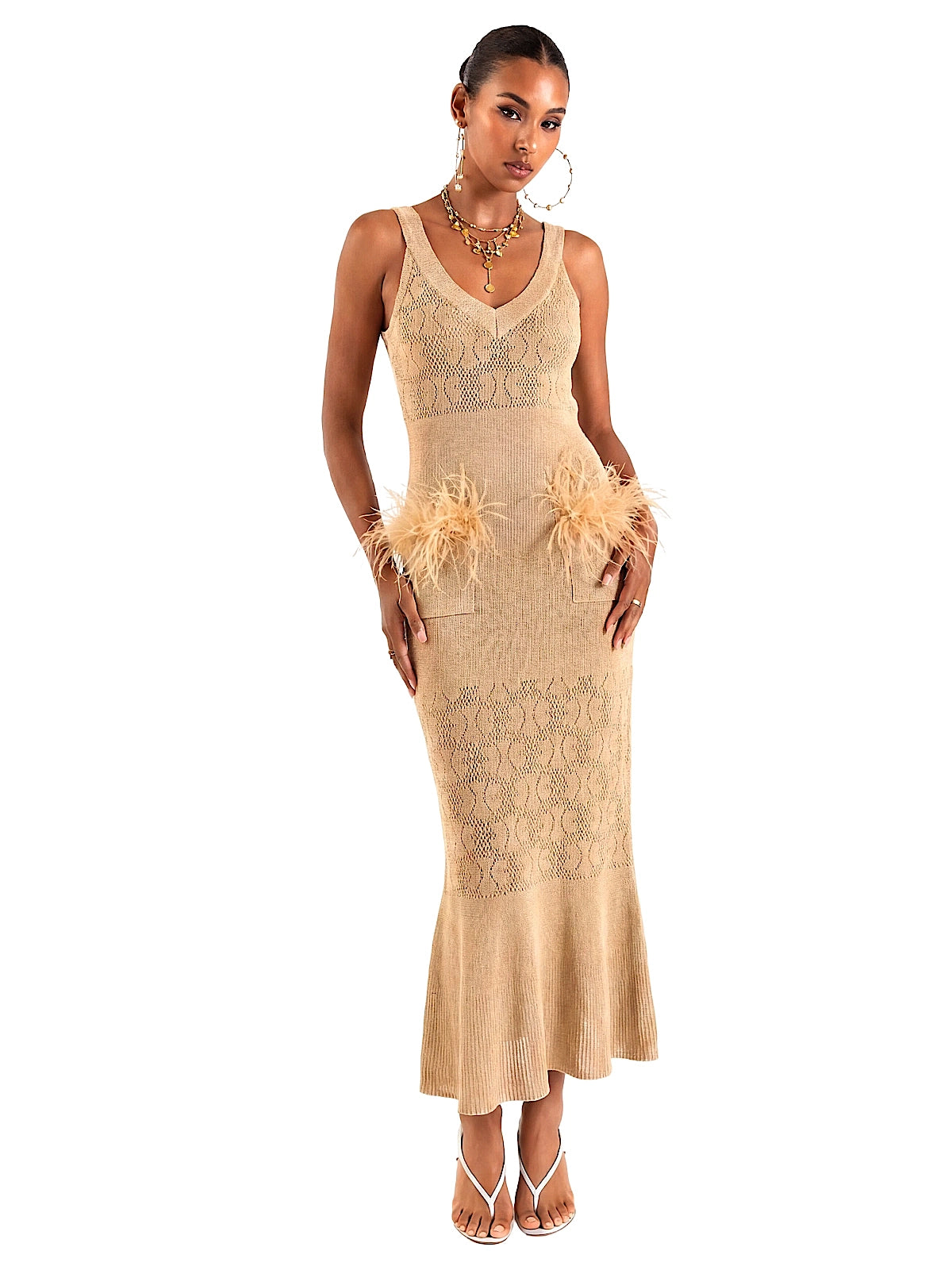 Andreeva: Camel Knit Dress With Feathers (06152026)