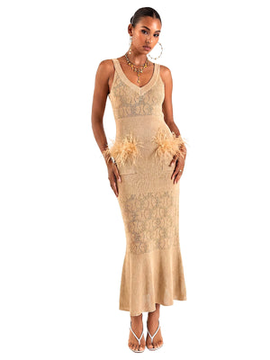 Andreeva: Camel Knit Dress With Feathers (06152026)