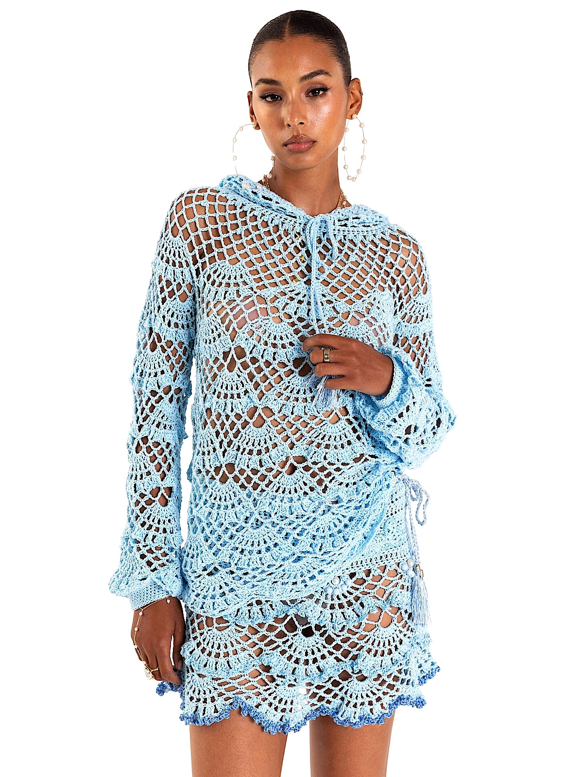 Andreeva: Aqua Marine Handmade Crochet Hoodie-Aqua Marine Handmade Crochet Mini Skirt (0426-0526)