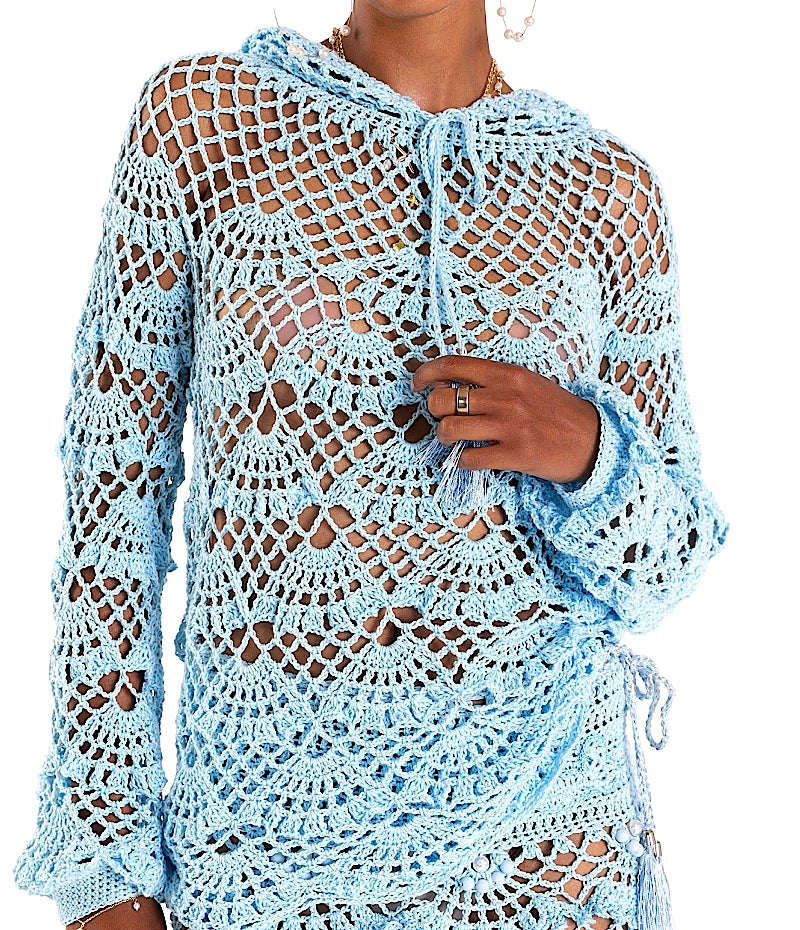 Aqua Marine Handmade Crochet Hoodie-Aqua Marine Handmade Crochet Mini Skirt
