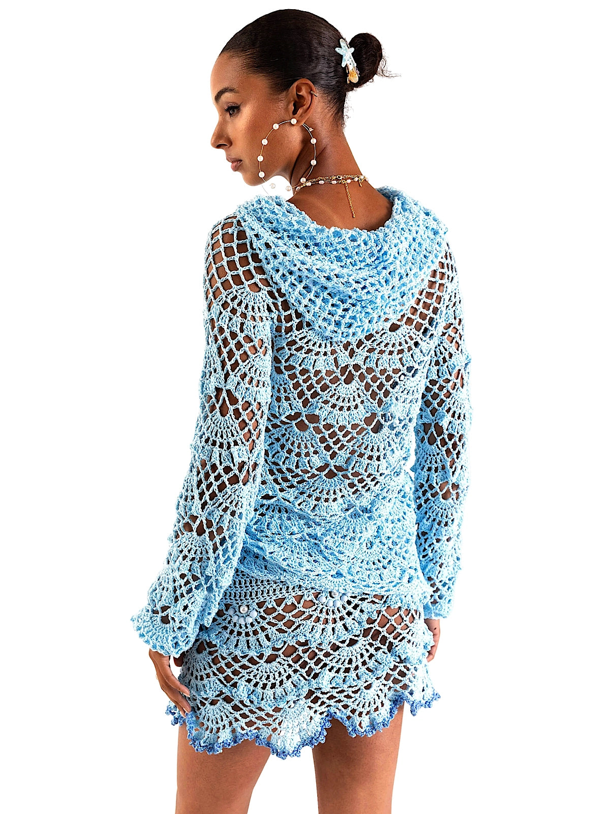 Andreeva: Aqua Marine Handmade Crochet Hoodie-Aqua Marine Handmade Crochet Mini Skirt (0426-0526)