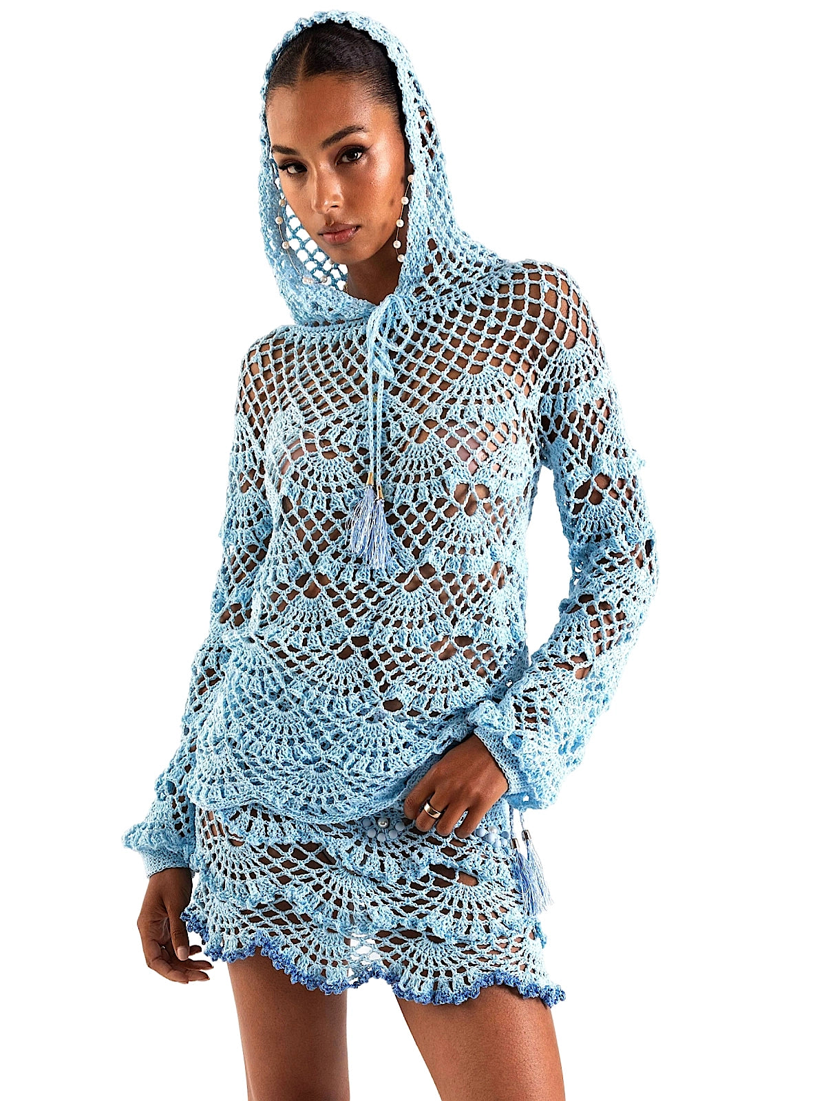 Andreeva: Aqua Marine Handmade Crochet Hoodie-Aqua Marine Handmade Crochet Mini Skirt (0426-0526)