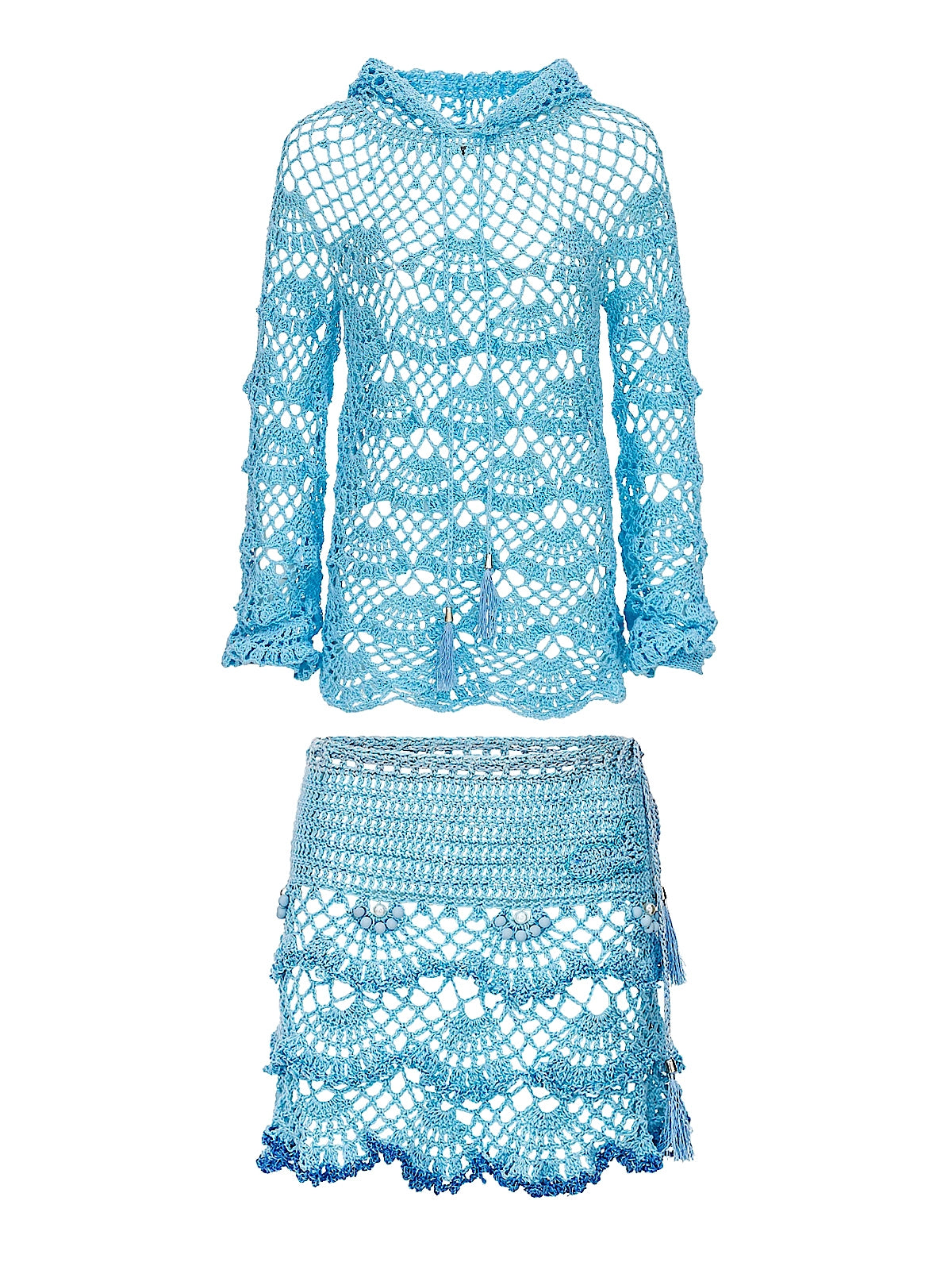Andreeva: Aqua Marine Handmade Crochet Hoodie-Aqua Marine Handmade Crochet Mini Skirt (0426-0526)