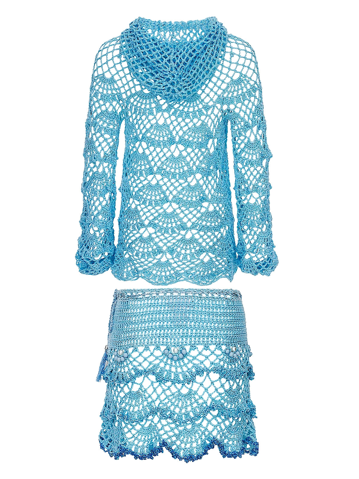 Andreeva: Aqua Marine Handmade Crochet Hoodie-Aqua Marine Handmade Crochet Mini Skirt (0426-0526)