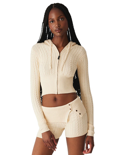 Frankies Bikinis: Aimee Cable Knit Hoodie-Nolan Cable Knit Short (33257CB-FRV-41107CB-FRV)