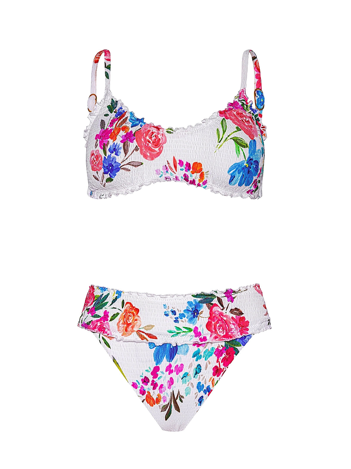 PQ Swim: Smocked Lettuce Edge-Smocked High Waist Bikini