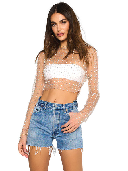 Bead and Pearl Mesh Top XL / Nude