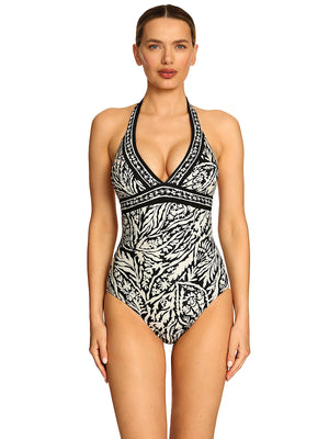 Robin Piccone Cora Halter One-Piece in Black/Cream (271813-BKM)